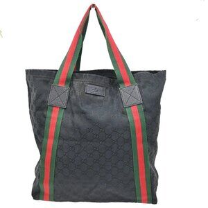 GUCCI GG Sherry Tote Shoulder Hand Bag Canvas Leather Black Italy 80KC428